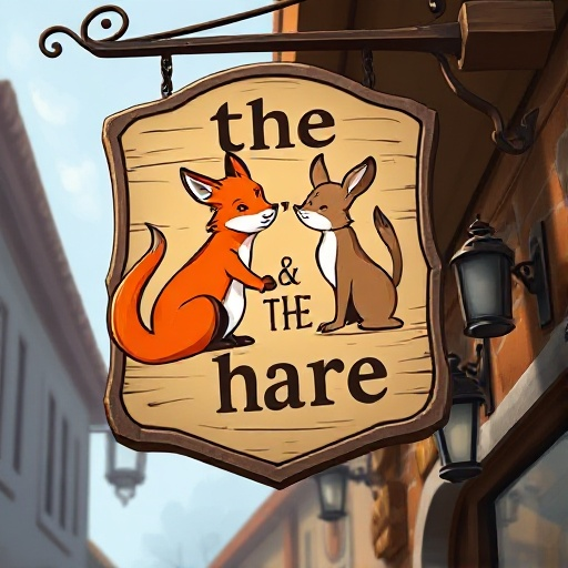 a hanging sign for a tavern called "the fox & the hare" whith an image of a fox and a hare on it. should be large and realistic. make sure the text is correct. 