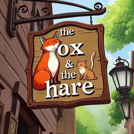a hanging sign for a tavern called "the fox & the hare" whith an image of a fox and a hare on it. should be large and realistic. make sure the text is correct. 