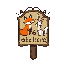 a sign for a tavern called "the fox & the hare" whith an image of a fox and a hare on it. 