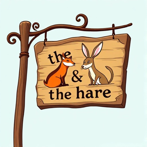 a sign for a tavern called with text "the fox & the hare" and an image of a fox and a hare on the sign. 