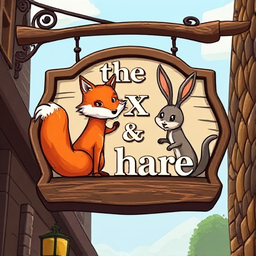 a sign for a tavern with the text "the fox & the hare" as wellas an image of a fox an a hare on the sign. the text should be very correct and the image should be realistic. 
