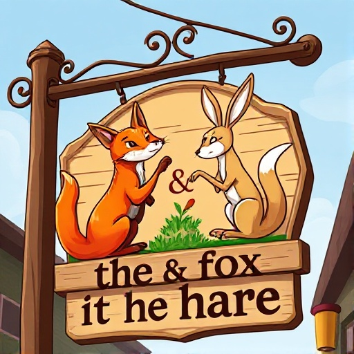 a sign for a tavern with the text "the fox & the hare" as wellas an image of a fox an a hare on the sign. the text should be very correct and the image should be realistic. 