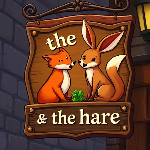 a sign for a tavern with the text "the fox & the hare" as wellas an image of a fox an a hare on the sign. the text should be very correct and the image should be realistic. 