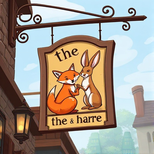 a hanging sign for a tavern called "the fox & the hare" whith an image of a fox and a hare on it. should be large and realistic. make sure the text is correct. 