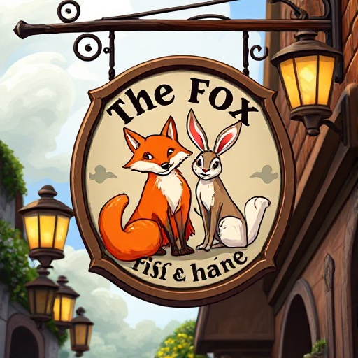 a hanging sign for a tavern called "the fox & the hare" whith an image of a fox and a hare on it. should be large and realistic