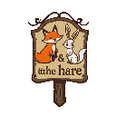 a sign for a tavern called "the fox & the hare" whith an image of a fox and a hare on it. 