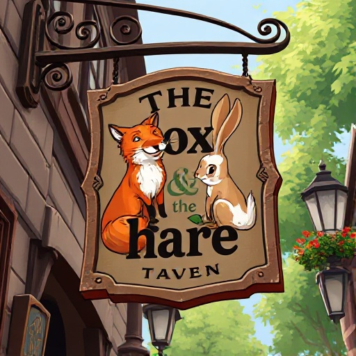a hanging sign for a tavern called "the fox & the hare" whith an image of a fox and a hare on it. should be large and realistic
