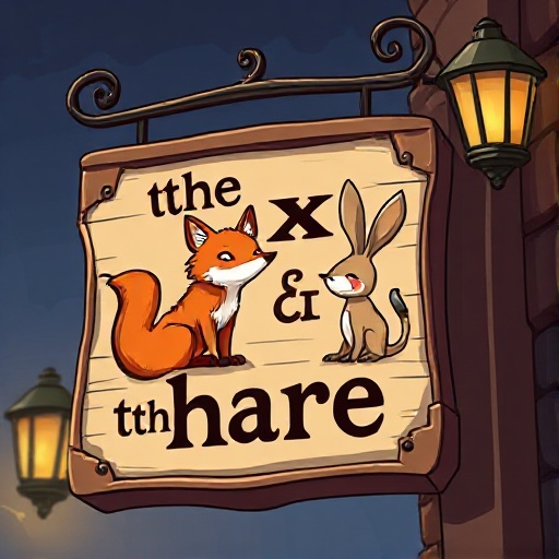 a sign for a tavern called with text "the fox & the hare" and an image of a fox and a hare on the sign. 
