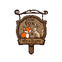 a sign for a tavern called "the fox & the hare" whith an image of a fox and a hare on it. 