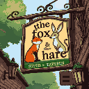 a hanging sign for a tavern called "the fox & the hare" whith an image of a fox and a hare on it. should be large and realistic. make sure the text is correct. 