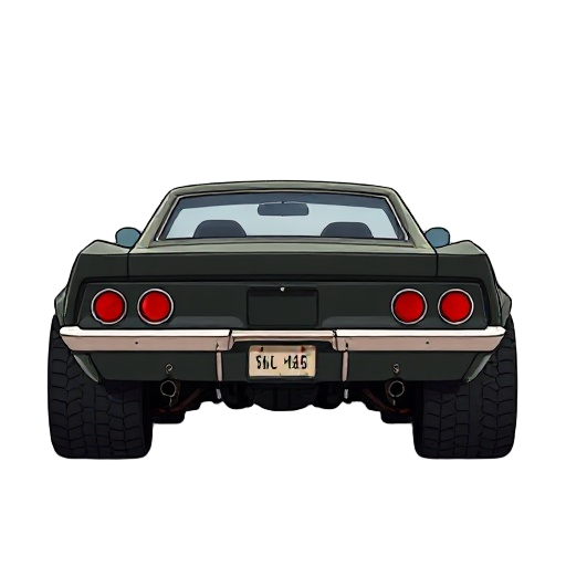 a mad max type car, seen from behind like the game outrun