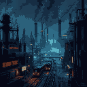 a dark industrial city with smokestacks, metal pipes, rain-soaked streets, neon lights, factories, trains, and workers. gritty, dieselpunk style with a cold, metallic color palette