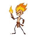 stickman de tronco braço coxa fino antebraço e canelas grossa sem pescoço corpo laranja em brasas cachocol flamejante olho brilhantes como fogo e fazendo pose de anime em luta manopla na mão esquerda.