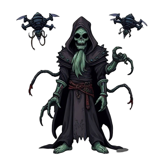 a techno-necromancer character in ragged robes, with mechanical tentacles and floating drones, gothic horror style blending tim burton and warhammer