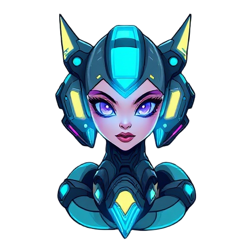 cyberpunk cartoon-style boss character for a platformer game. giant female holographic ai face embedded in a serpent-like mech body