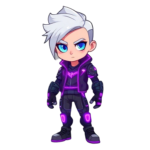 he has short white hair with a futuristic side fringe, a glowing bionic left eye (hud style), a cybernetic arm with built-in plasma cannon, wearing a purple led leather jacket and glowing tech pants.
