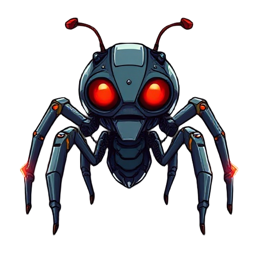 a cyberpunk insect-like robot enemy named "skatbot", cartoon-style, red glowing eyes, metallic spider legs, orange wires, electric shock attack,