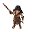 top down character of a man with ragged clothing and long black hair, holding a spear in dynamic posture