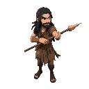 top down character of a man with ragged clothing and long black hair, holding a spear in dynamic posture looking right