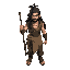 top down character of a man with ragged clothing and long black hair, holding a spear in dynamic posture