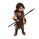 top down character of a man with ragged clothing and long black hair, holding a spear in dynamic posture looking right