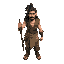 top down character of a man with ragged clothing and long black here, holding a spear in dynamic posture