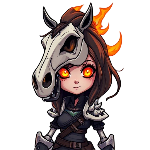 female character with a horse skeleton head, with eyes full of fire, with a warrior body, dark fantasy style