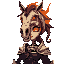 female character with a horse skeleton head, with eyes full of fire, with a warrior body, dark fantasy style