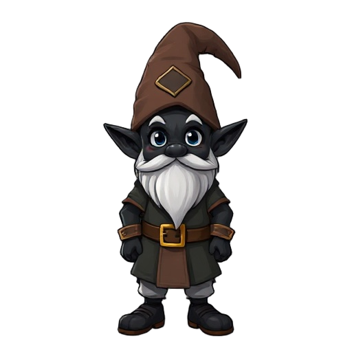 gnome wizard, black skin, bright eyes