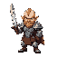 sword-wielding warrior, cartoonish but not exaggerated. short, wide, big-headed. sturdy, striking armor. comical yet strong design. imposing sword. serious expression with a hint of humor.