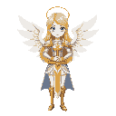 generate an image of a blonde female paladin, who has two white wings in her back, a golden halo above her head and is wealding a golden and white sword, the sword dosent cover her body