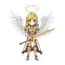 generate an image of a blonde female paladin, who has two white wings in her back, a golden halo above her head and is wealding a golden and white sword, make her lock inposing and less animelike