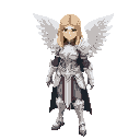 create an image of a blonde female paladin with white heavy armour and 2 white wings in her back