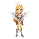 generate an image of a blonde female paladin, who has two white wings in her back, a golden halo above her head and is wealding a golden and white sword
