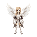 create an image of a blonde female paladin with white heavy armour and 2 big white wings in her back