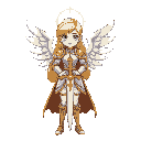 generate an image of a blonde female paladin, who has two white wings in her back, a golden halo above her head and is wealding a golden and white sword, the sword dosent cover her body