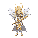 generate an image of a blonde female paladin, who has two white wings in her back, a golden halo above her head and is wealding a golden and white sword, make her lock inposing and less animelike