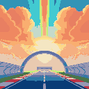 orange rainbow sky, clouds, blue race ring