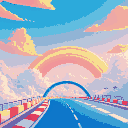 orange rainbow sky, clouds, blue race ring