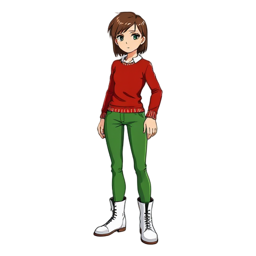 character with green trouser, white boots, red sweater long sleeve, white collar and brown hair, arcade style