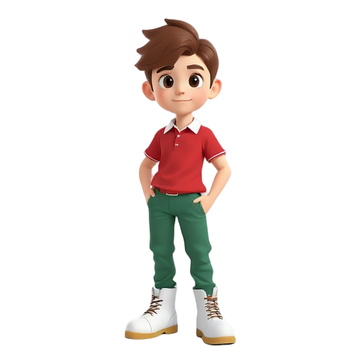 character with green trouser, white boots, red polo, white collar and brown hair, 
