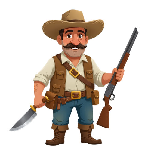 middle-aged man, around 48 years old, paraguayan, with a rustic style, wearing a hat and holding a machete in one hand and a shotgun in the other, dressed in traditional paraguayan clothing.