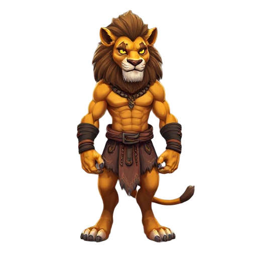 one werelion with a golden skin and a muscle body, he have golden eyes and a primal posture, tribal clothes, with antropomorphic anatomy, best quality, detailed, high quality