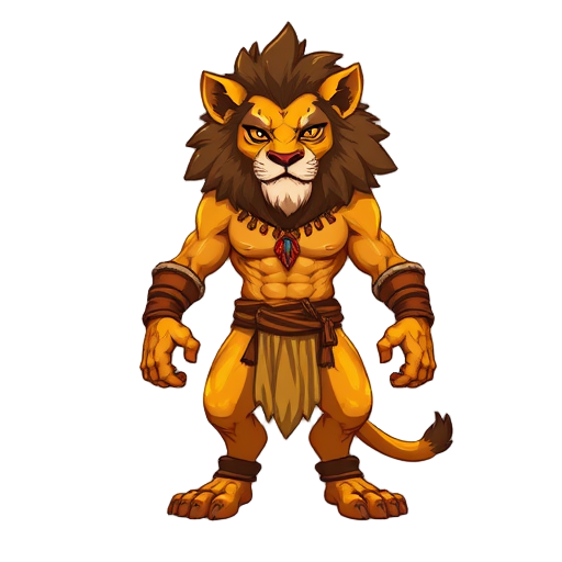 a pixel werelion with a golden skin and a muscle body, he have golden eyes and a primal posture, tribal clothes, with antropomorphic anatomy, best quality, detailed, high quality