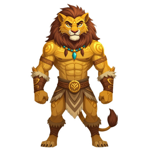 one werelion with a golden skin and a muscle body, he have golden eyes and a primal posture, tribal clothes, with antropomorphic anatomy, best quality, detailed, high quality