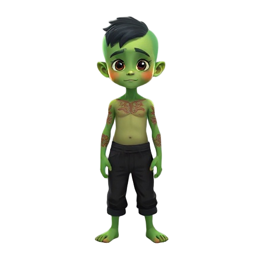 child with green skin and red tattoos, no shirt, black pants 