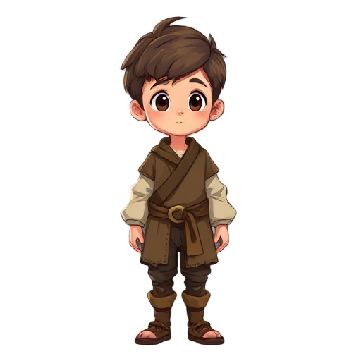 young small boy wearing peasant clothes, about 15 years old, medieval age, anime style with cartton style.