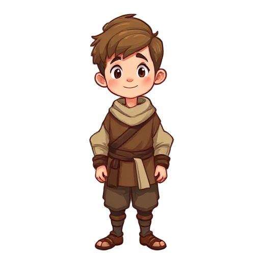 young boy wearing peasant clothes, about 15 years old, medieval age, cartoon style.