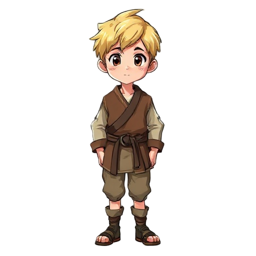 young small boy wearing peasant clothes, about 15 years old, medieval age, manga style with cartoon style. blonde manga-style hair.