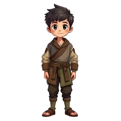 young boy wearing peasant clothes, about 15 years old, medieval age, anime style with cartton style.
